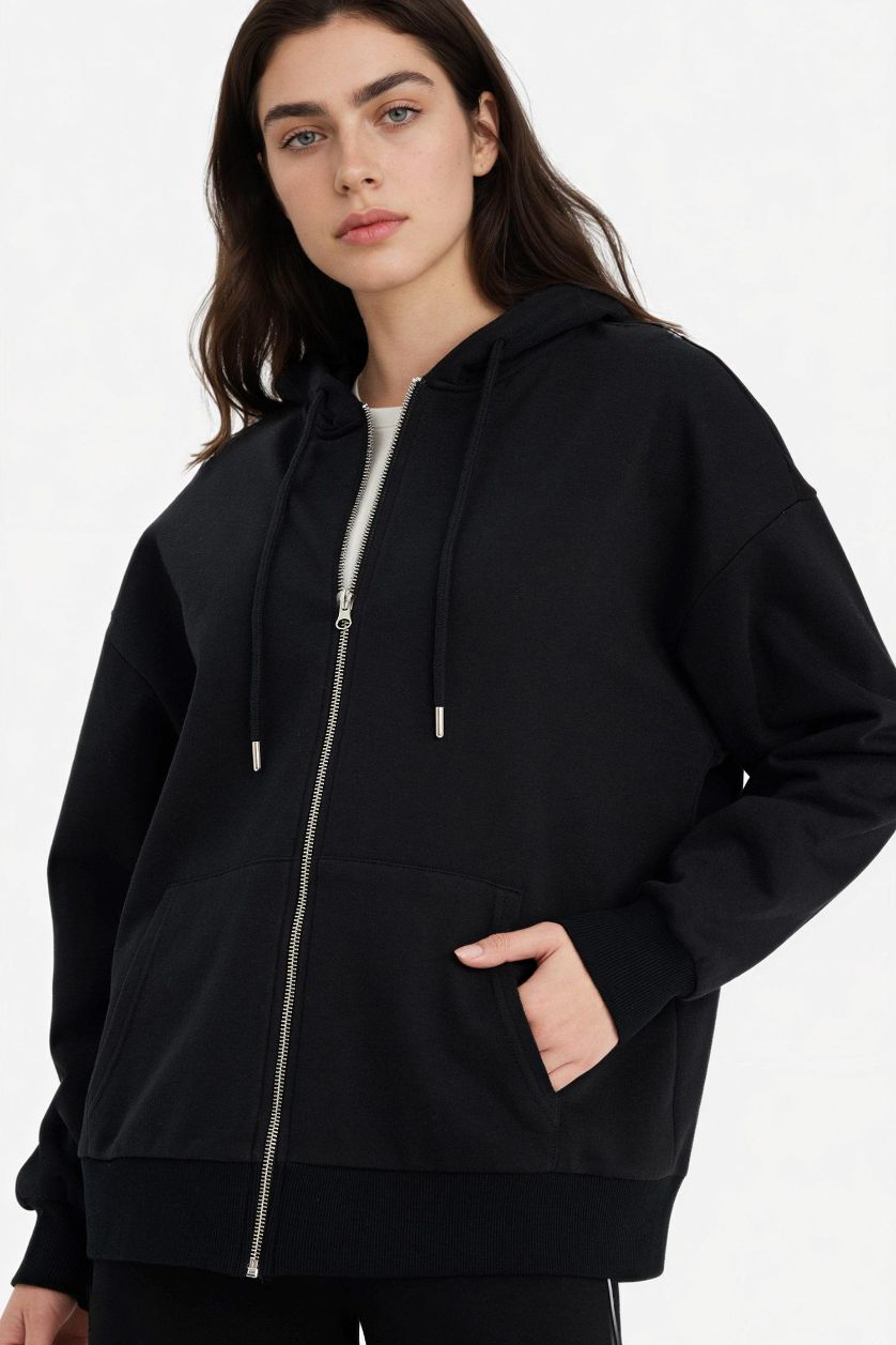 Woman Black Oversize Fit Hooded Thick Sweatshirt Fabric Cardigan