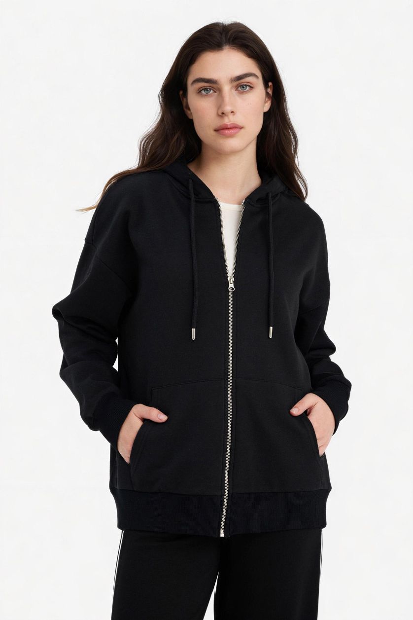 Woman Black Oversize Fit Hooded Thick Sweatshirt Fabric Cardigan