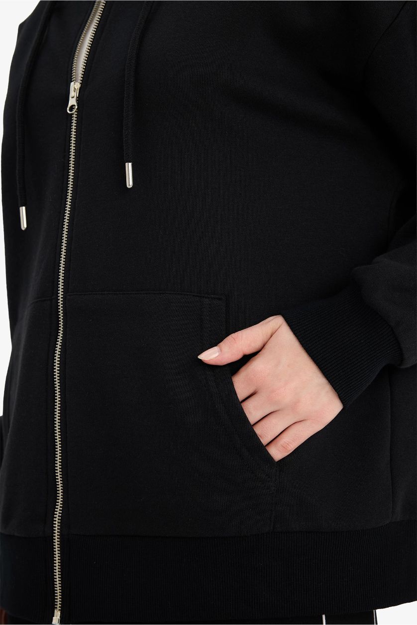 Woman Black Oversize Fit Hooded Thick Sweatshirt Fabric Cardigan