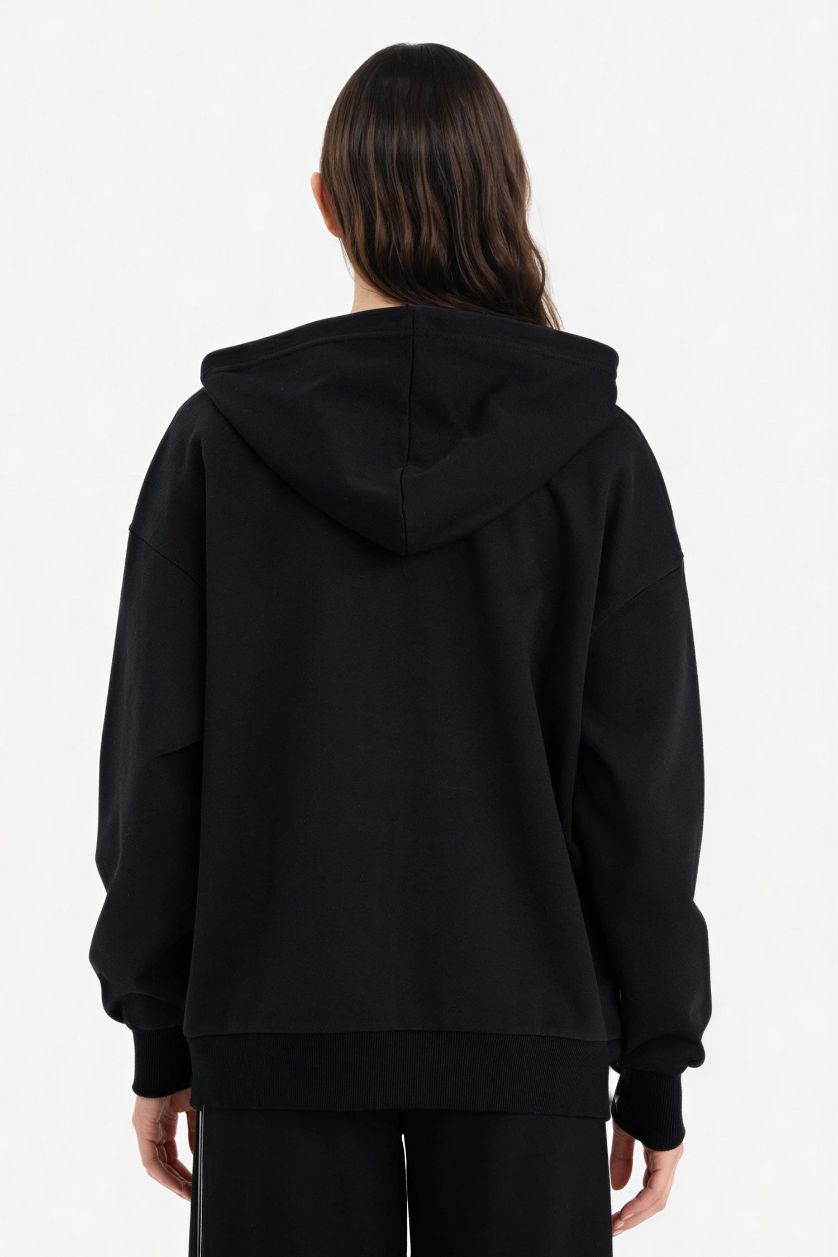 Woman Black Oversize Fit Hooded Thick Sweatshirt Fabric Cardigan