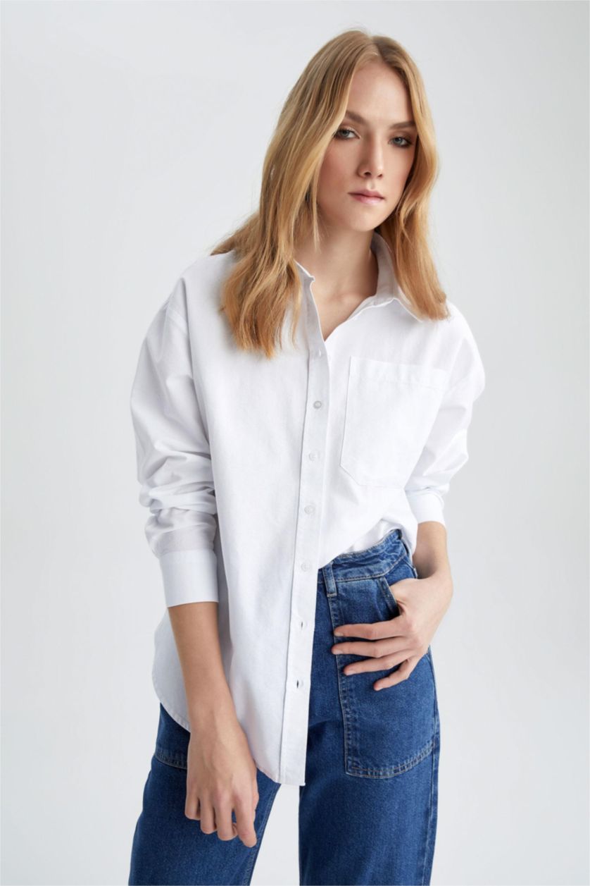 FEMME Blanc Chemises à manches longues Oxford Col De Chemise Avec Poche