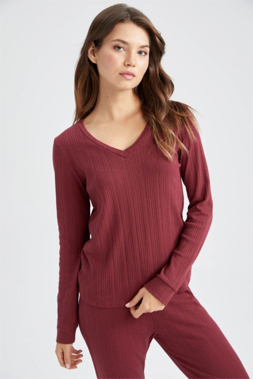 Kadın Bordo Melanj Fall in Love Regular Fit V Yaka Basic Uzun Kollu Pijama Üstü