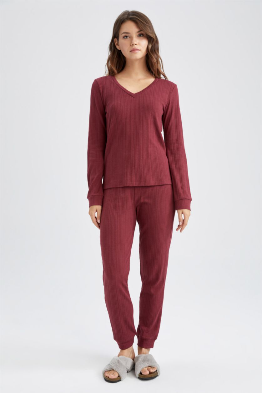 Kadın Bordo Melanj Fall in Love Regular Fit V Yaka Basic Uzun Kollu Pijama Üstü
