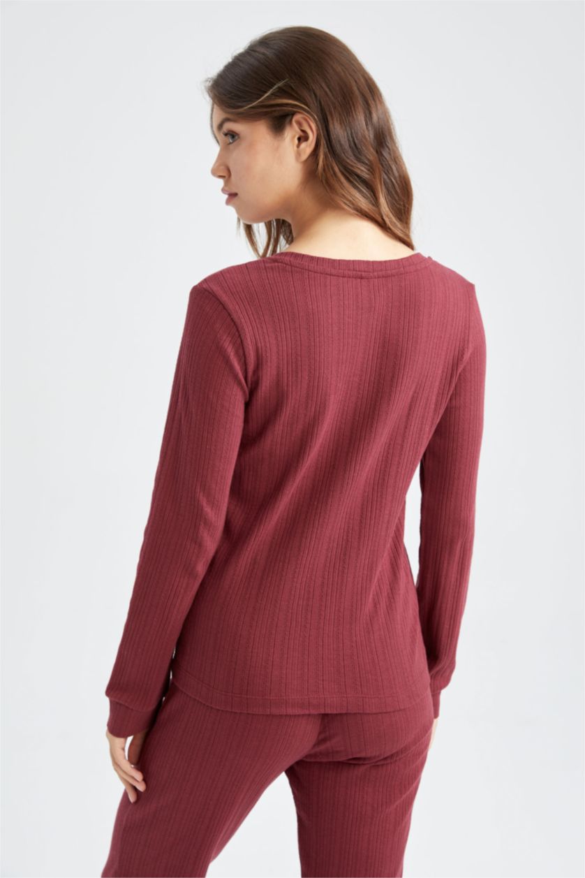 Kadın Bordo Melanj Fall in Love Regular Fit V Yaka Basic Uzun Kollu Pijama Üstü