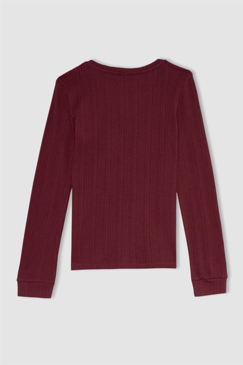 Kadın Bordo Melanj Fall in Love Regular Fit V Yaka Basic Uzun Kollu Pijama Üstü