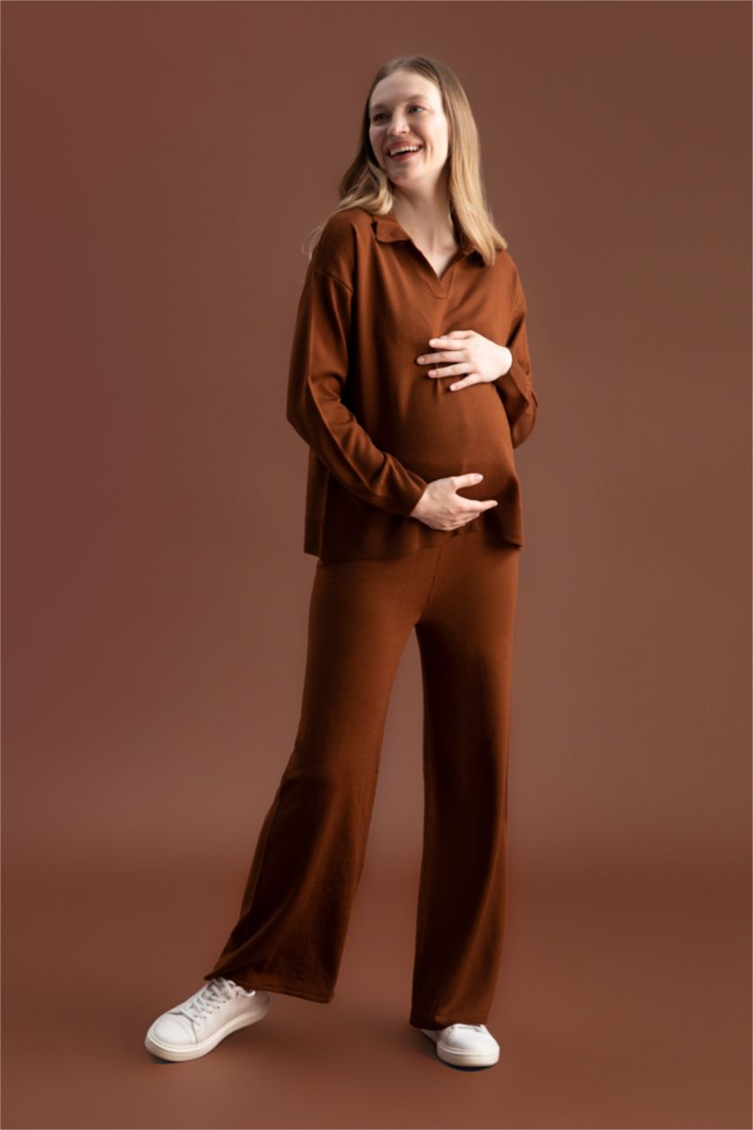 WOMAN Beige Regular Fit Wide Leg Knitwear Maternity Trousers