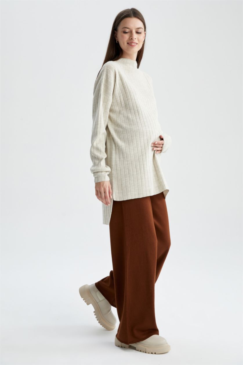WOMAN Beige Regular Fit Wide Leg Knitwear Maternity Trousers