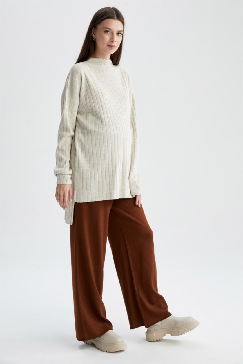 WOMAN Beige Regular Fit Wide Leg Knitwear Maternity Trousers