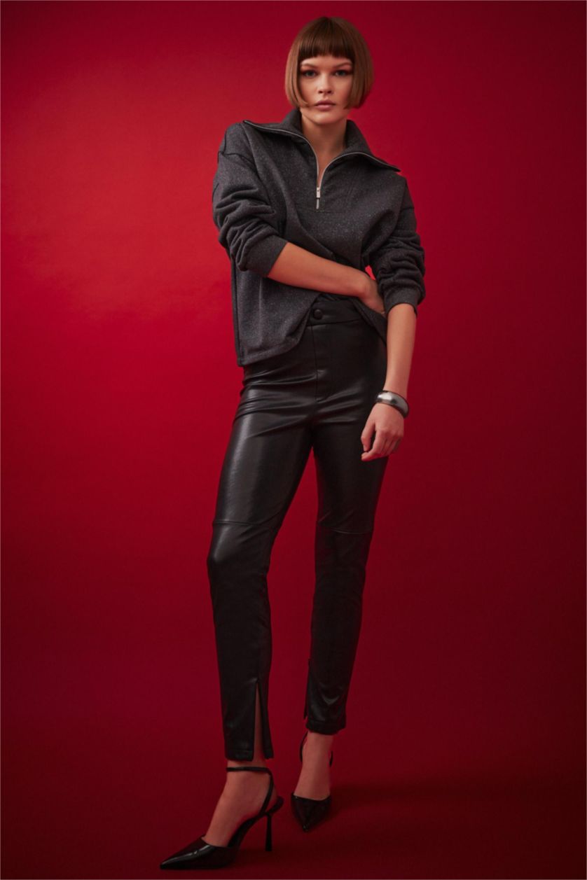 FEMME Noir Leggings Taille Haute En Simili-Cuir