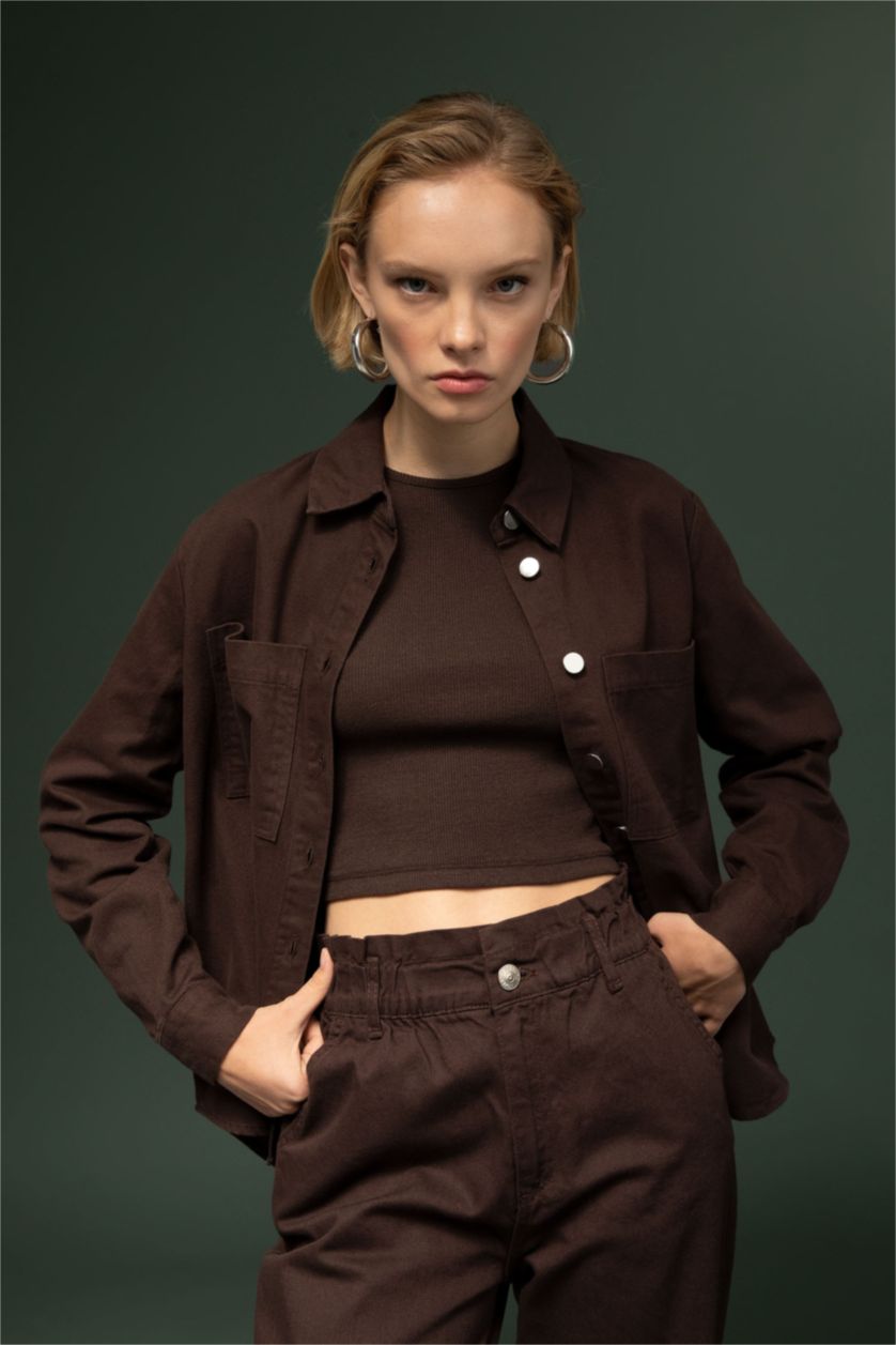 FEMME Marron Chemise à manches longues en gabardine à col chemise coupe classique