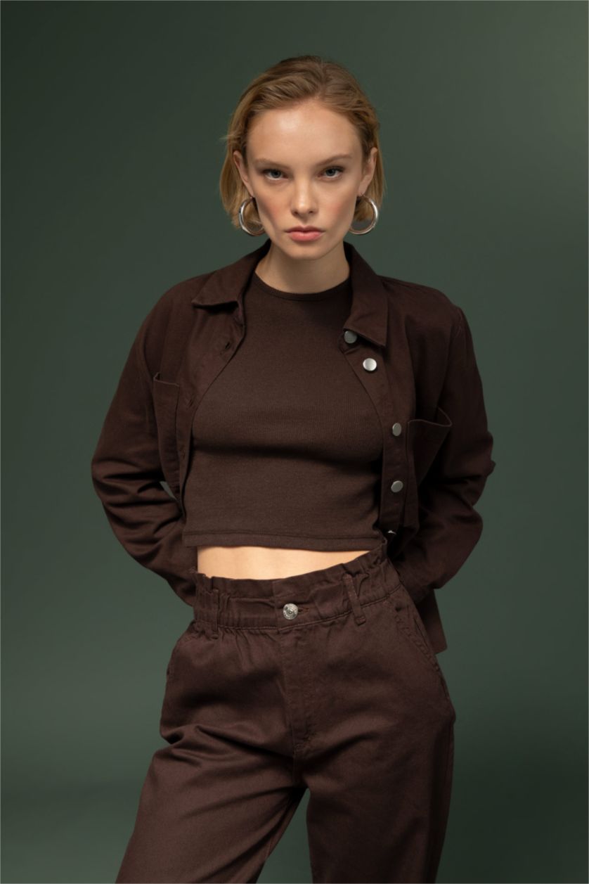 FEMME Marron Chemise à manches longues en gabardine à col chemise coupe classique