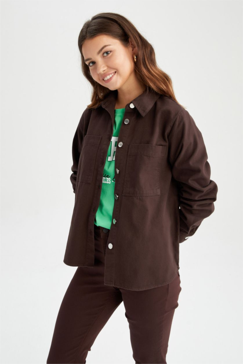 FEMME Marron Chemise à manches longues en gabardine à col chemise coupe classique