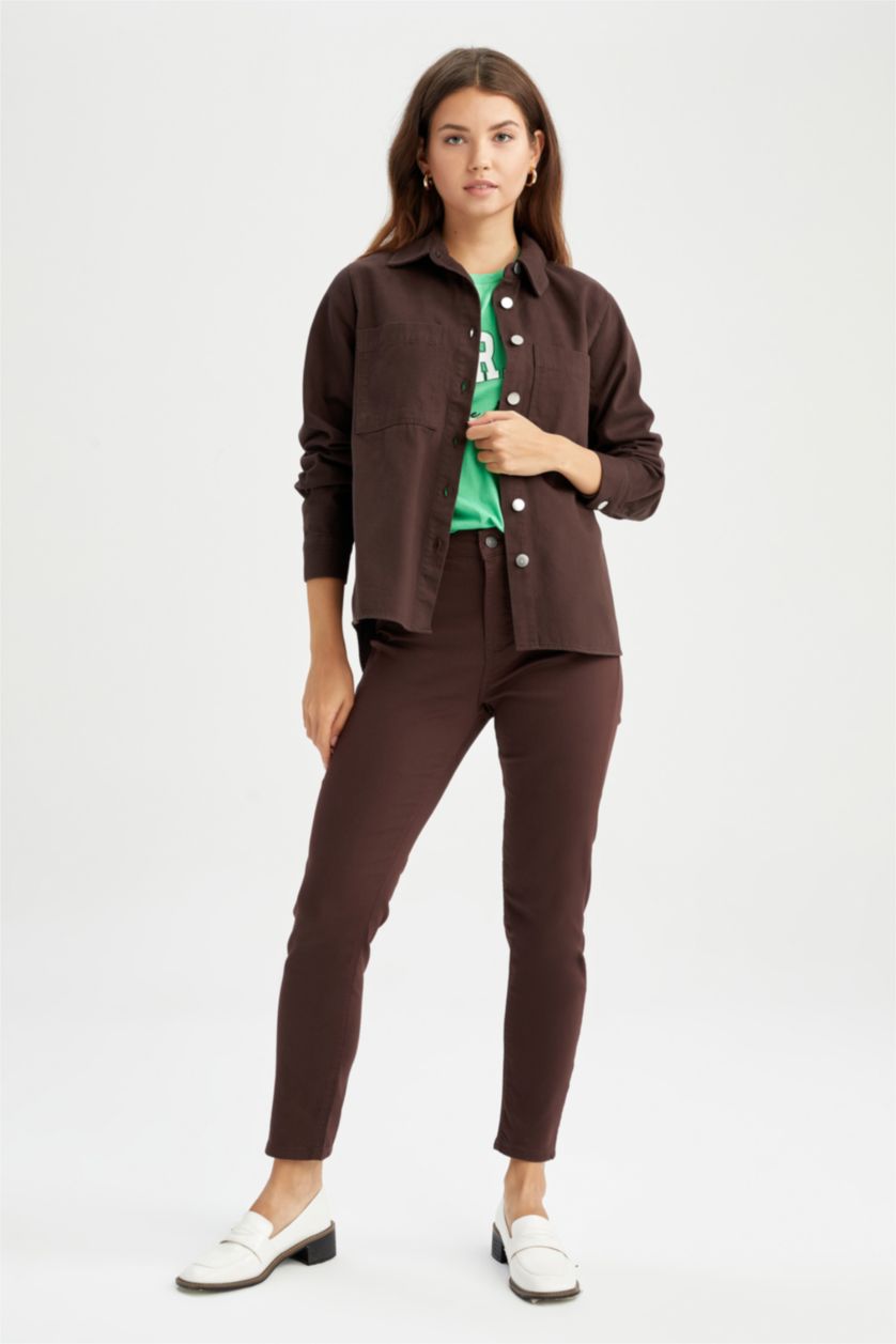 FEMME Marron Chemise à manches longues en gabardine à col chemise coupe classique