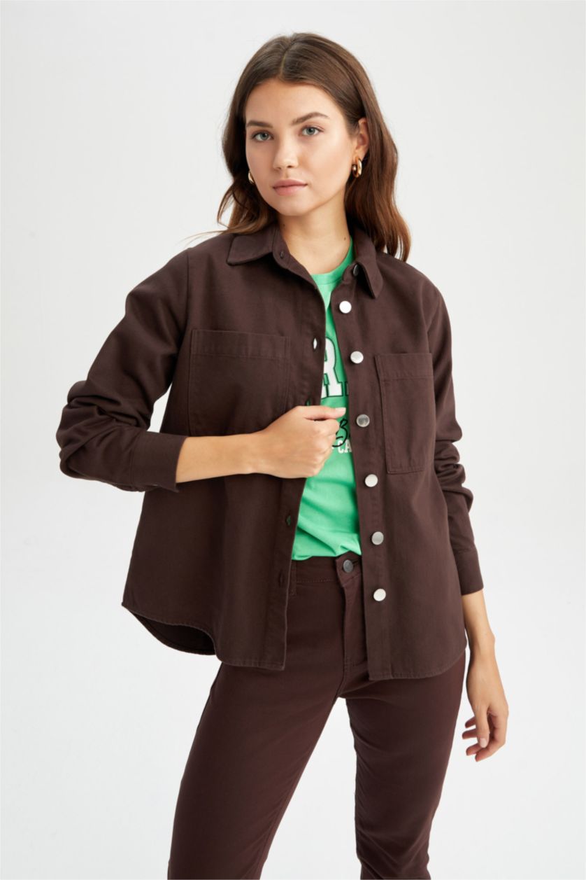 FEMME Marron Chemise à manches longues en gabardine à col chemise coupe classique