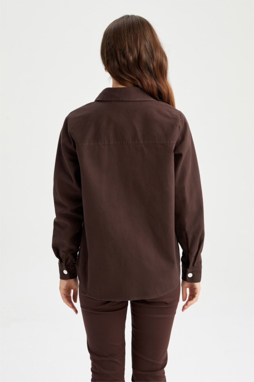 FEMME Marron Chemise à manches longues en gabardine à col chemise coupe classique