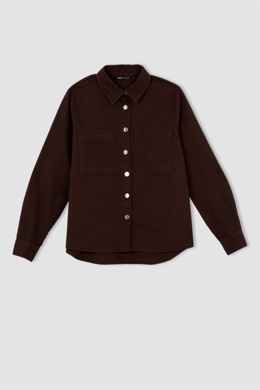 FEMME Marron Chemise à manches longues en gabardine à col chemise coupe classique