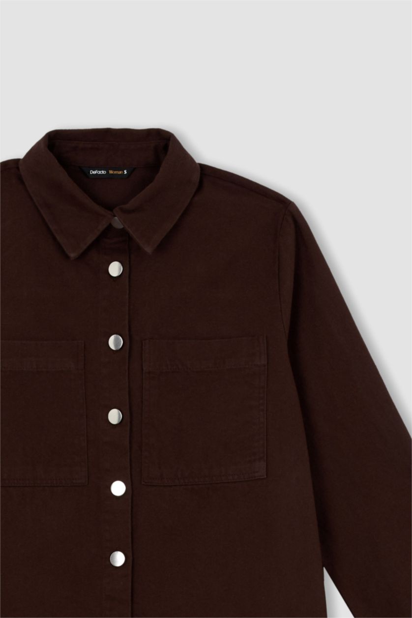 FEMME Marron Chemise à manches longues en gabardine à col chemise coupe classique