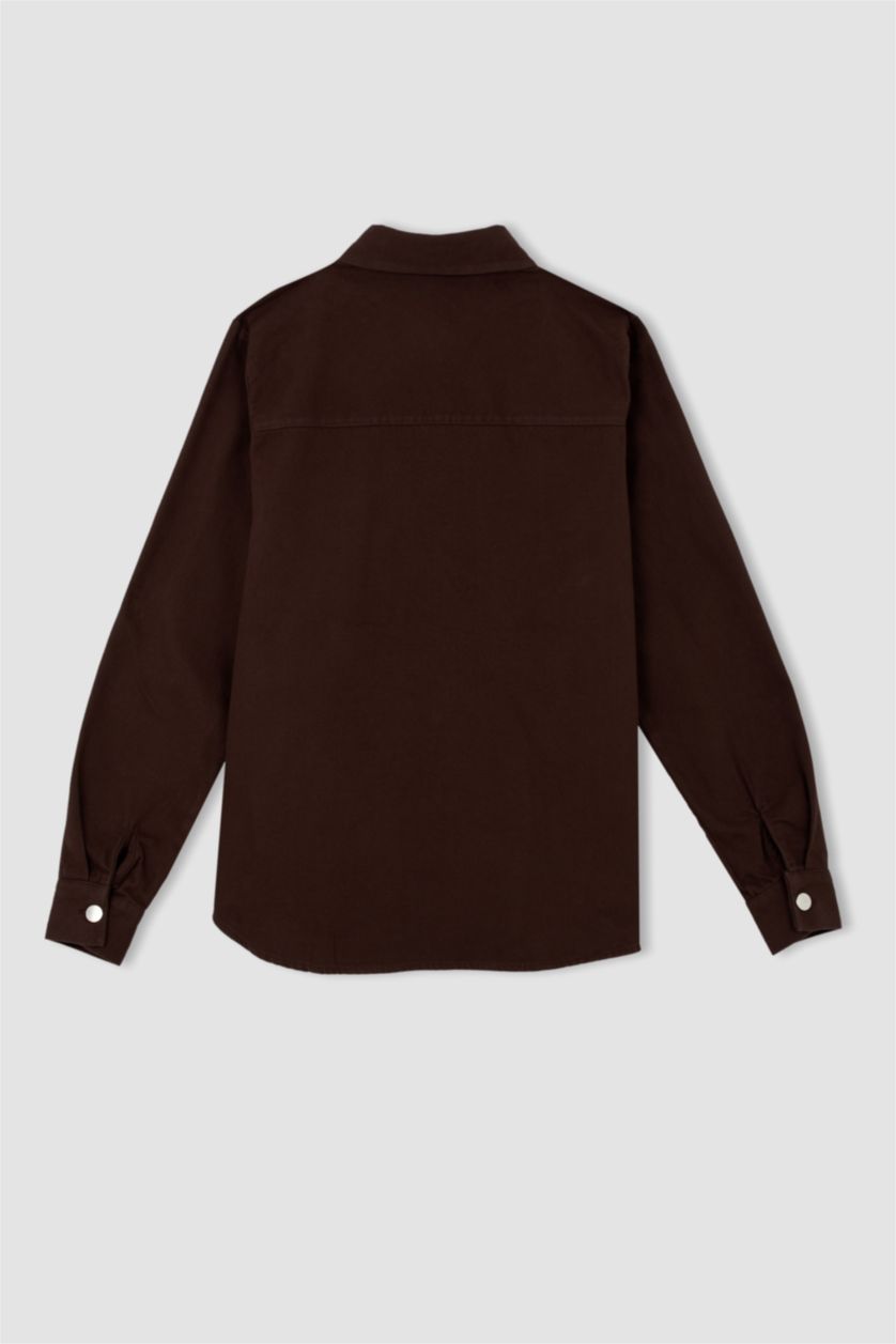 FEMME Marron Chemise à manches longues en gabardine à col chemise coupe classique