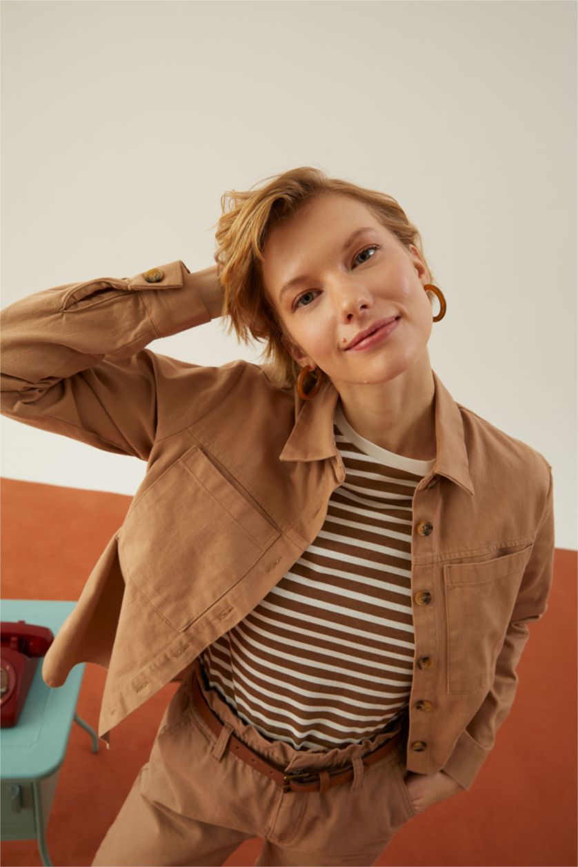 WOMAN Brown Oversize Fit Gabardine Long Sleeve Shirt