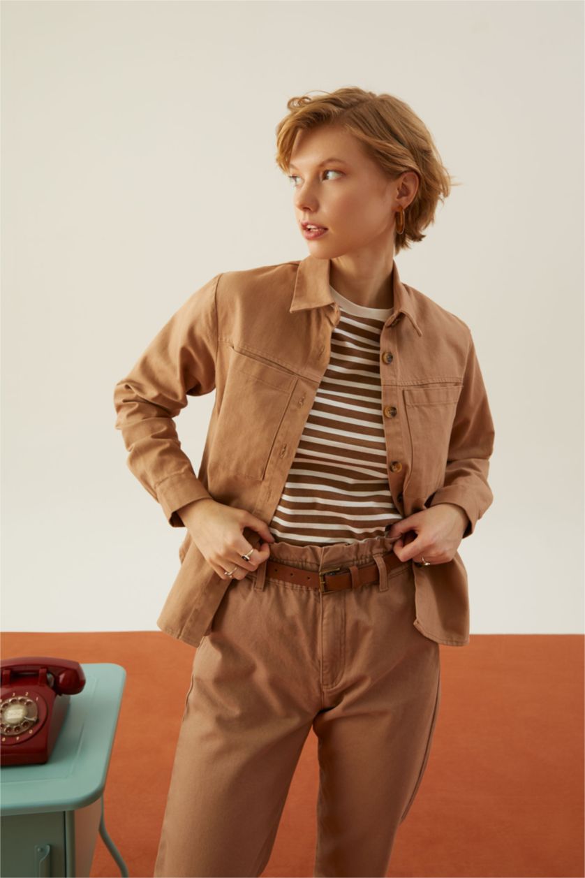 WOMAN Brown Oversize Fit Gabardine Long Sleeve Shirt