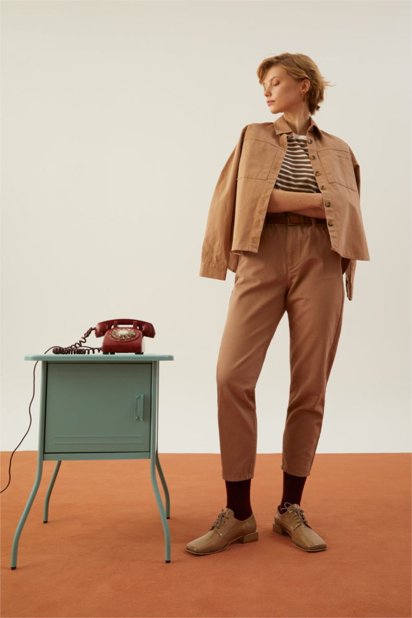 WOMAN Brown Oversize Fit Gabardine Long Sleeve Shirt