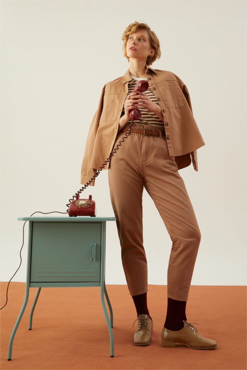 WOMAN Brown Oversize Fit Gabardine Long Sleeve Shirt