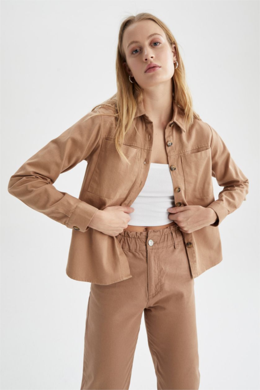 WOMAN Brown Oversize Fit Gabardine Long Sleeve Shirt