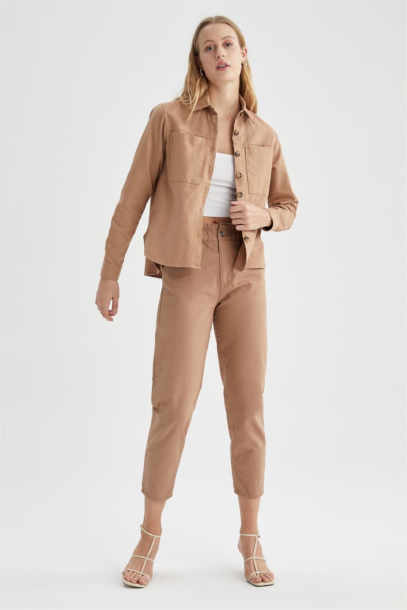 WOMAN Brown Oversize Fit Gabardine Long Sleeve Shirt