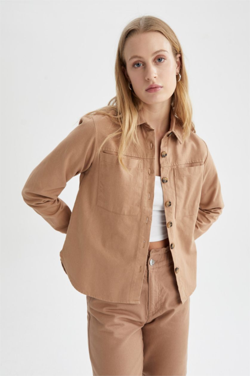 WOMAN Brown Oversize Fit Gabardine Long Sleeve Shirt
