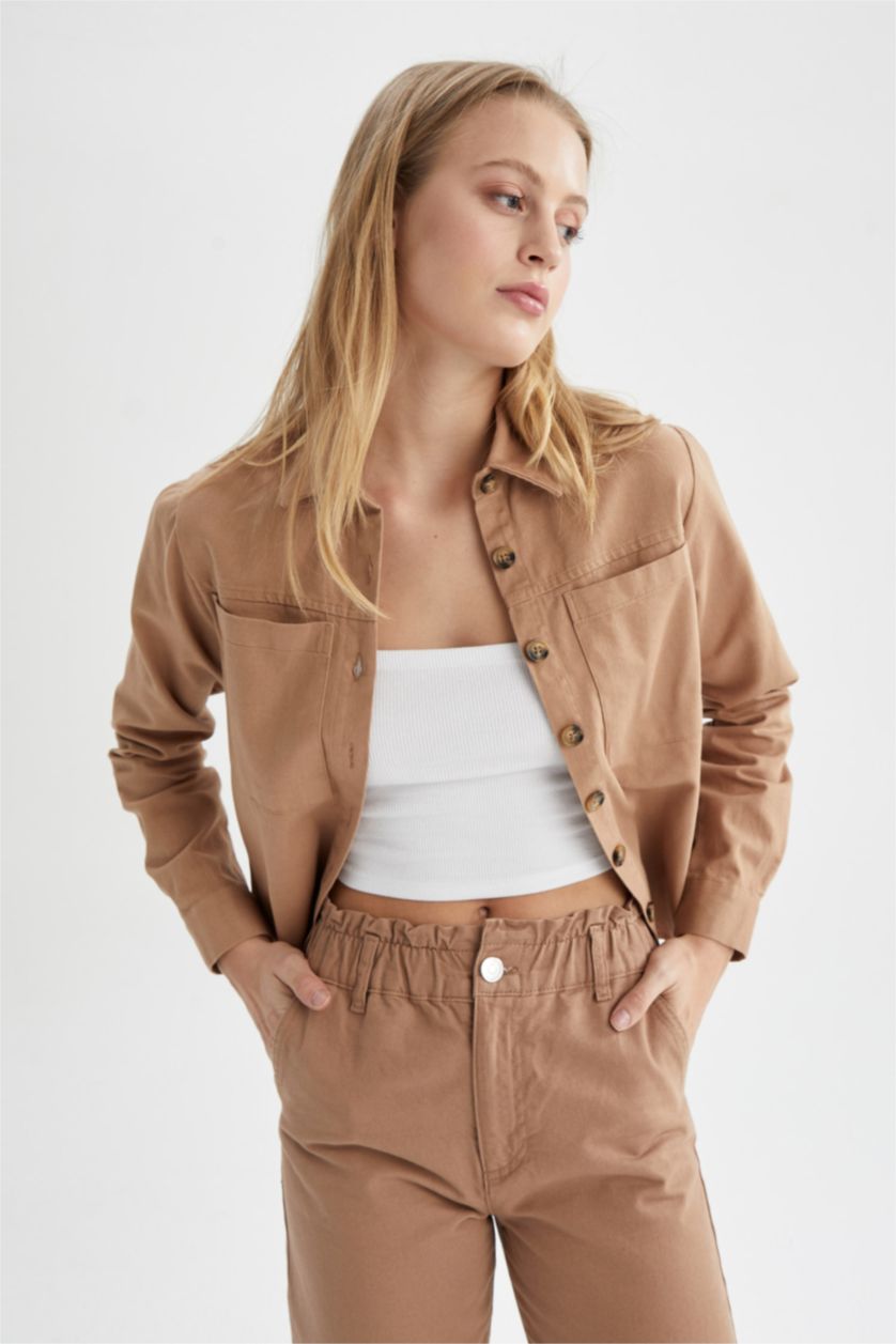 WOMAN Brown Oversize Fit Gabardine Long Sleeve Shirt