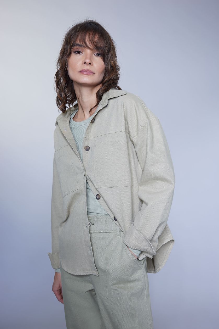 نساء ميلانج نعناعي قميص كم طويل جبردين اوفر سايز  بياقة قميص