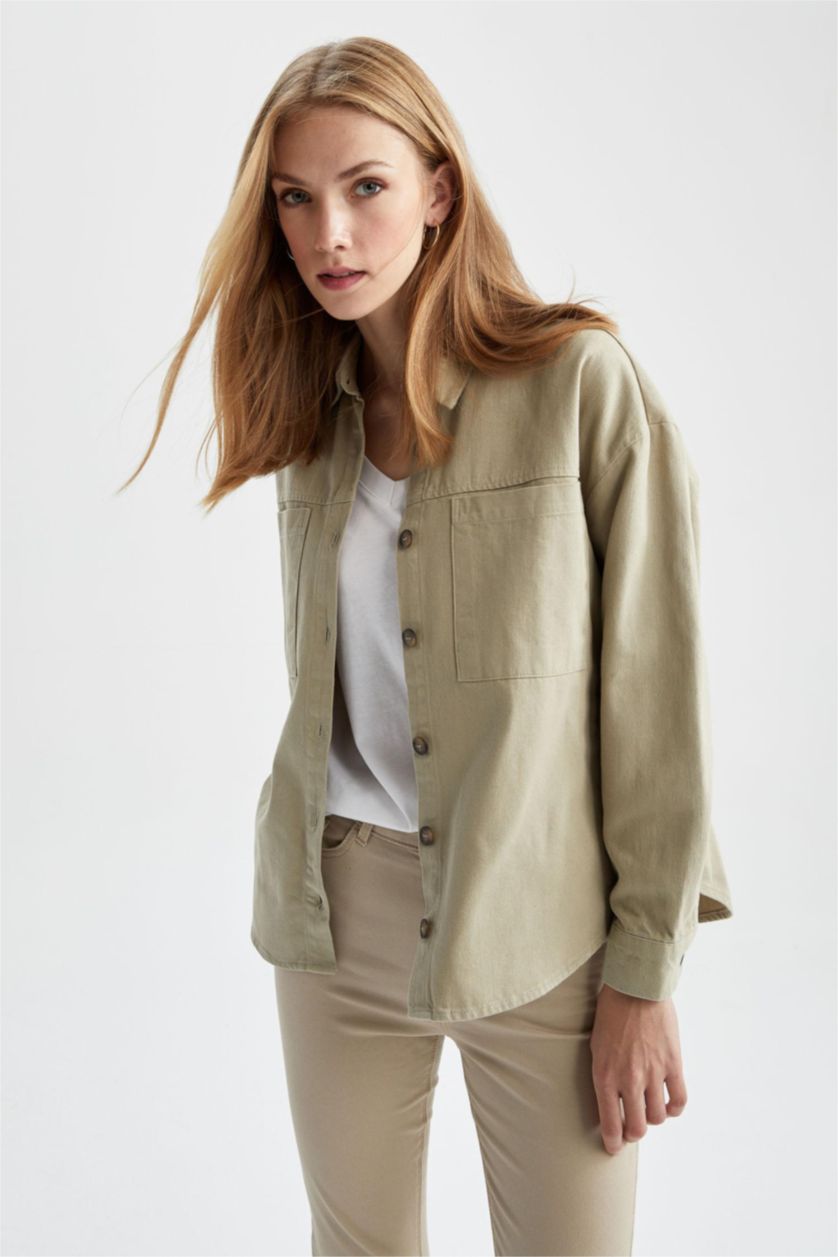 نساء ميلانج نعناعي قميص كم طويل جبردين اوفر سايز  بياقة قميص