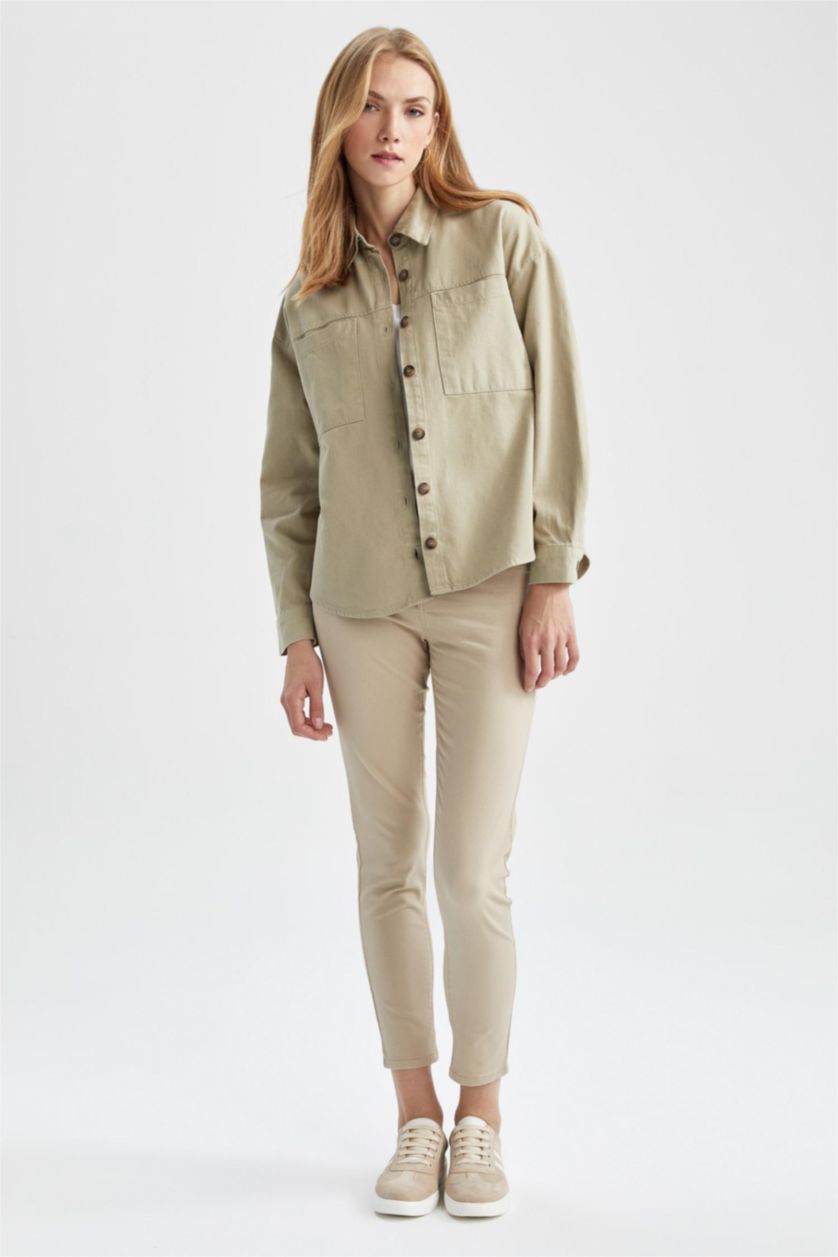 نساء ميلانج نعناعي قميص كم طويل جبردين اوفر سايز  بياقة قميص