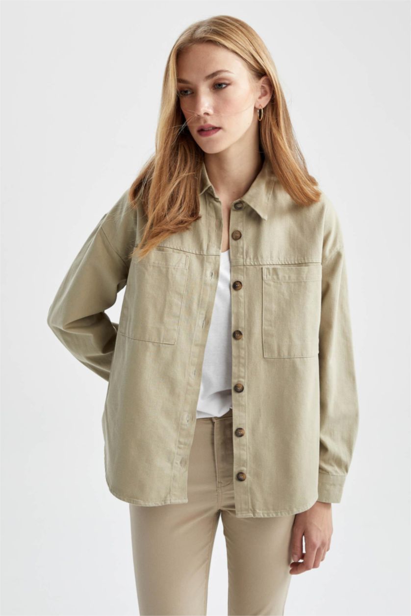 نساء ميلانج نعناعي قميص كم طويل جبردين اوفر سايز  بياقة قميص