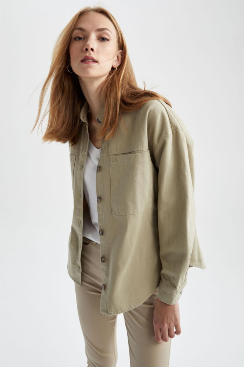 نساء ميلانج نعناعي قميص كم طويل جبردين اوفر سايز  بياقة قميص