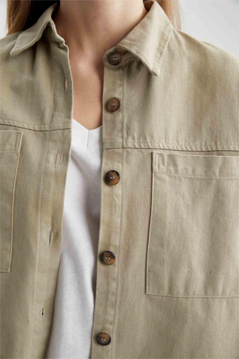 نساء ميلانج نعناعي قميص كم طويل جبردين اوفر سايز  بياقة قميص