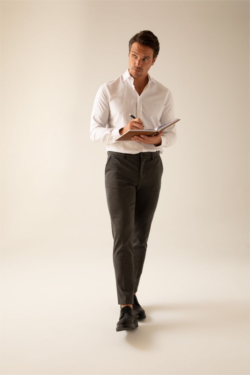 رجالي أبيض قميص بأكمام طويلة مطبوع مودرن فيت بياقة بولو