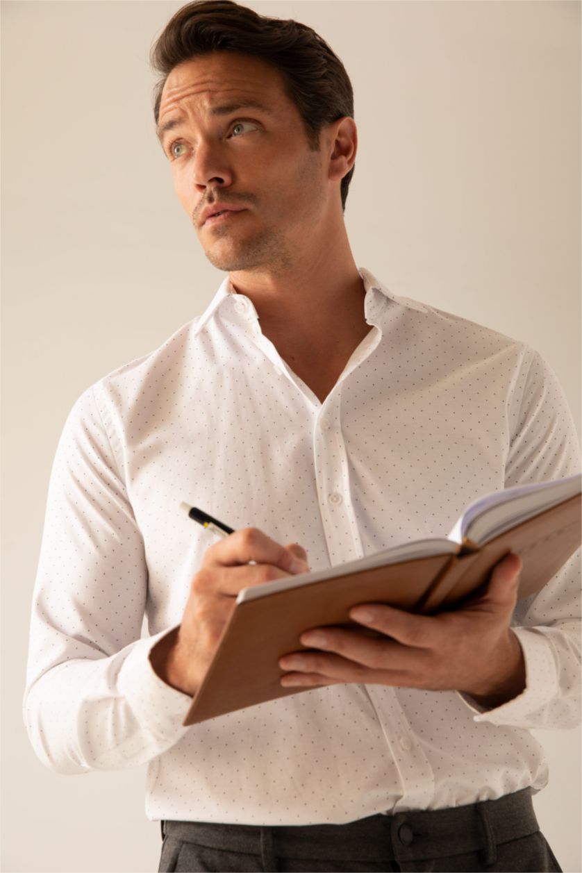 رجالي أبيض قميص بأكمام طويلة مطبوع مودرن فيت بياقة بولو