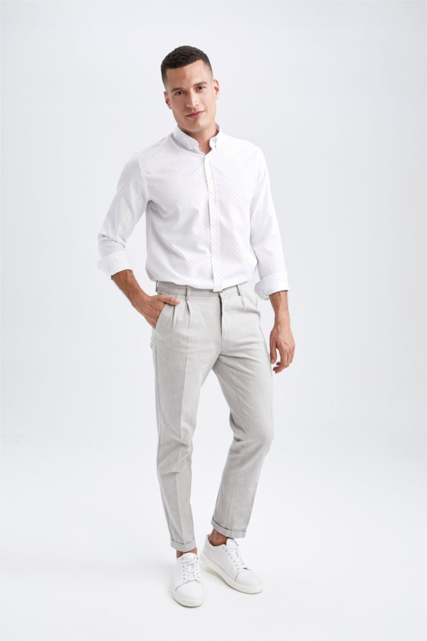 رجالي أبيض قميص بأكمام طويلة مطبوع مودرن فيت بياقة بولو