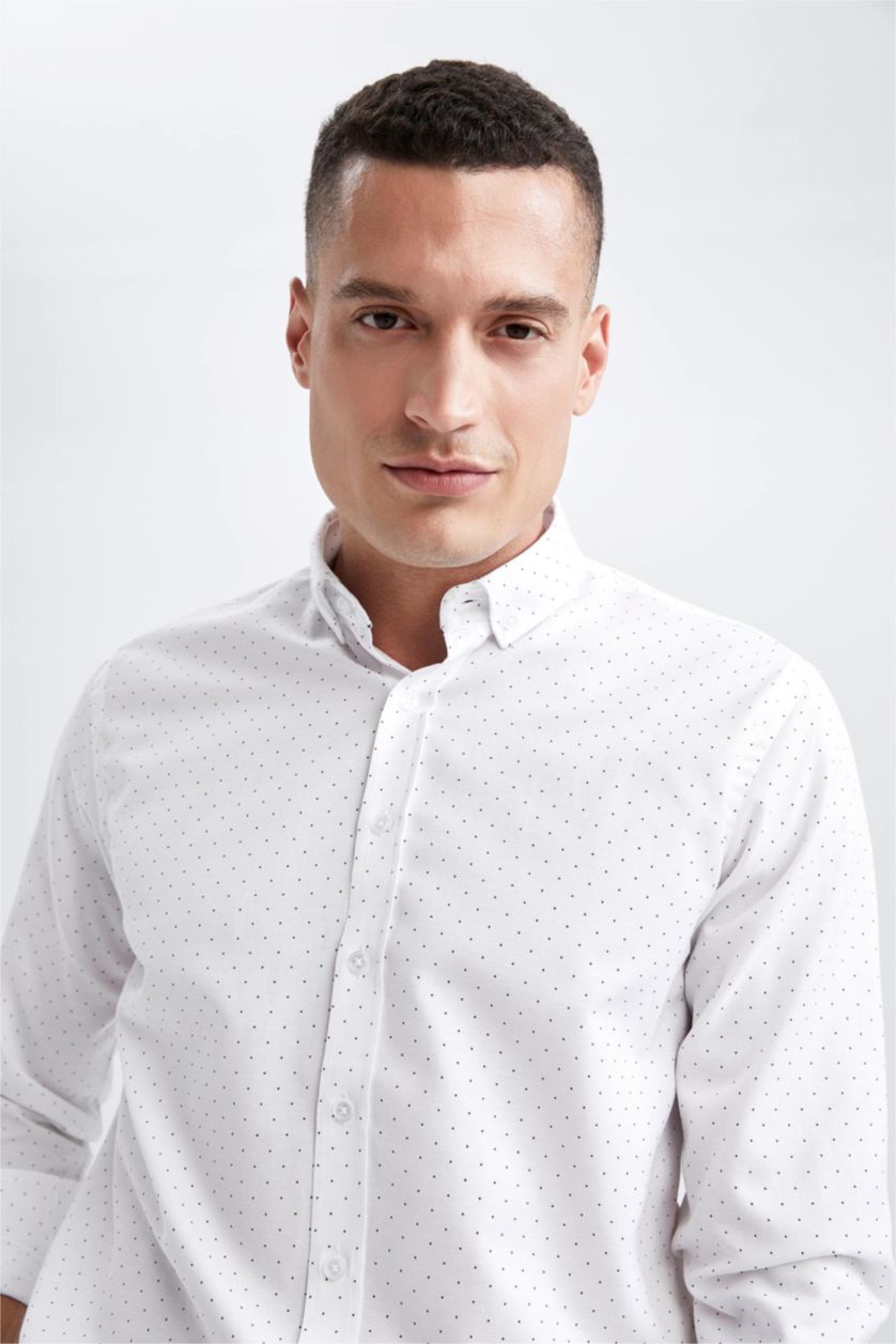 رجالي أبيض قميص بأكمام طويلة مطبوع مودرن فيت بياقة بولو