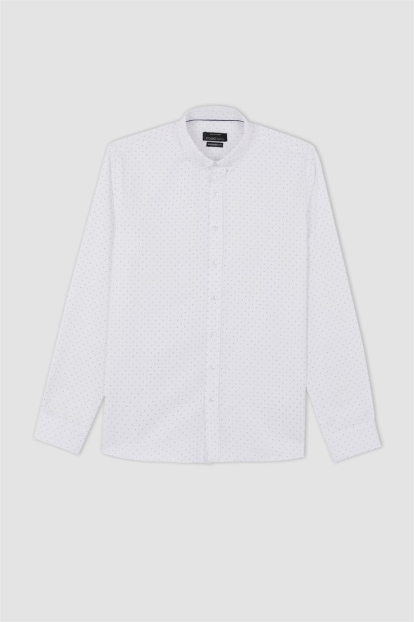 رجالي أبيض قميص بأكمام طويلة مطبوع مودرن فيت بياقة بولو