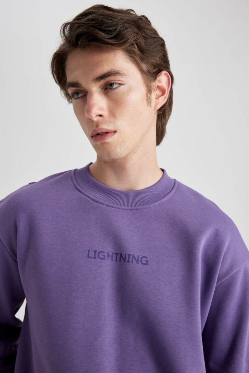 Erkek Pembe Boxy Fit Bisiklet Yaka Baskılı Sweatshirt