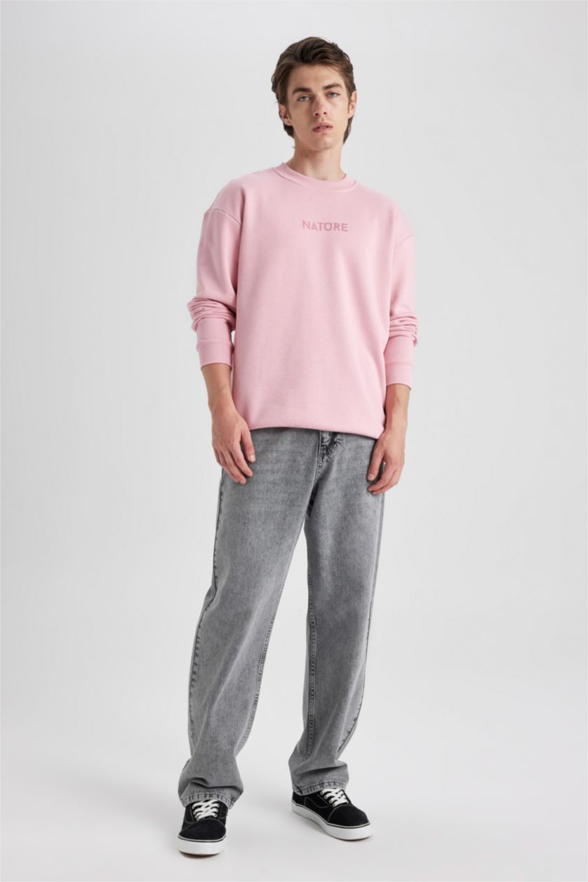 HOMME Rose Sweat- Shirt Longue Coupe Boxy Col Rond À Manches