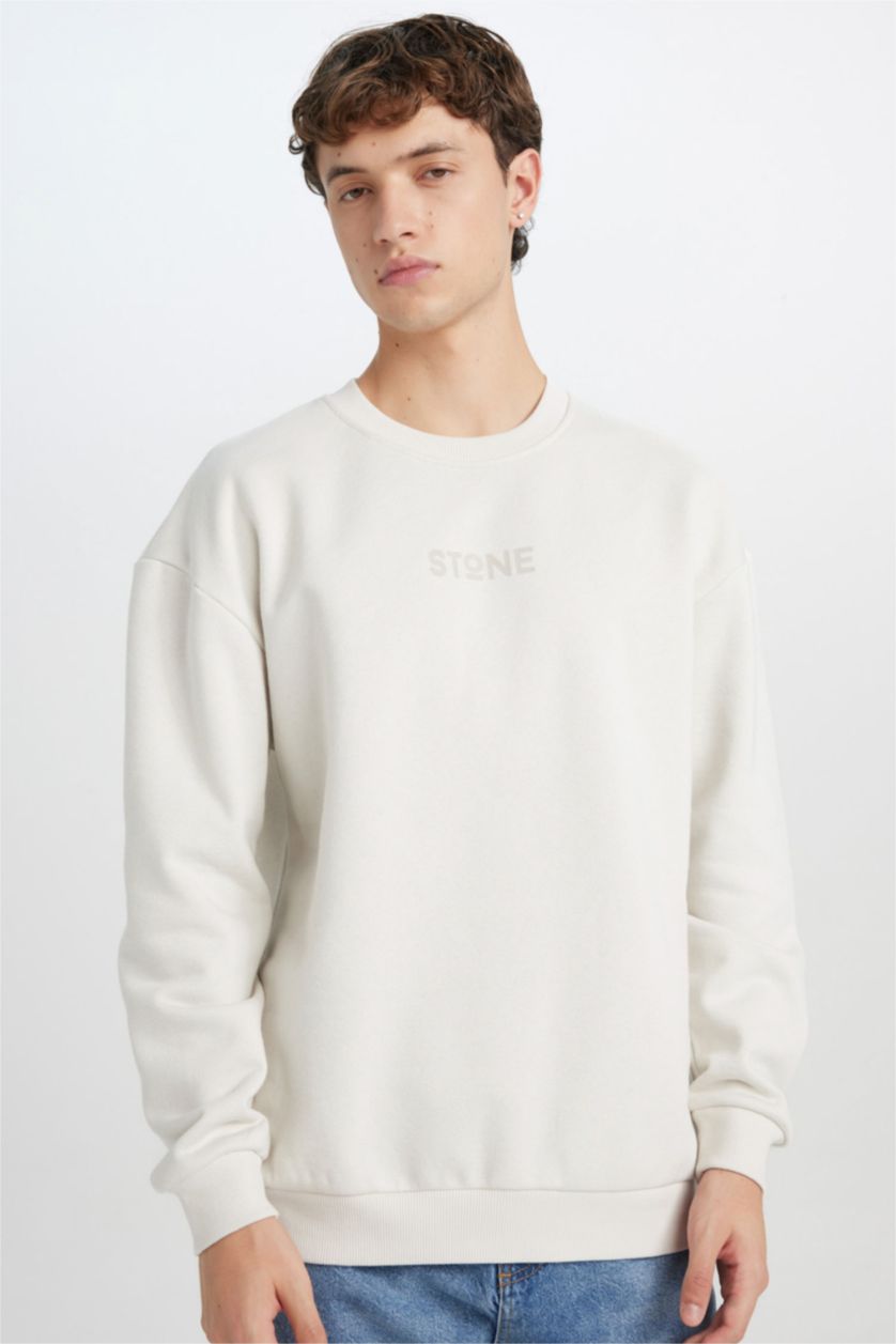 HOMME Beige Sweat- Shirt Longue Coupe Boxy Col Rond À Manches