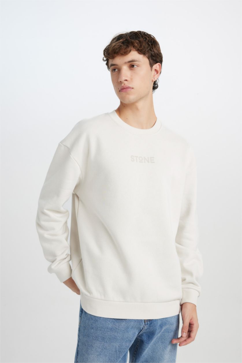 HOMME Beige Sweat- Shirt Longue Coupe Boxy Col Rond À Manches