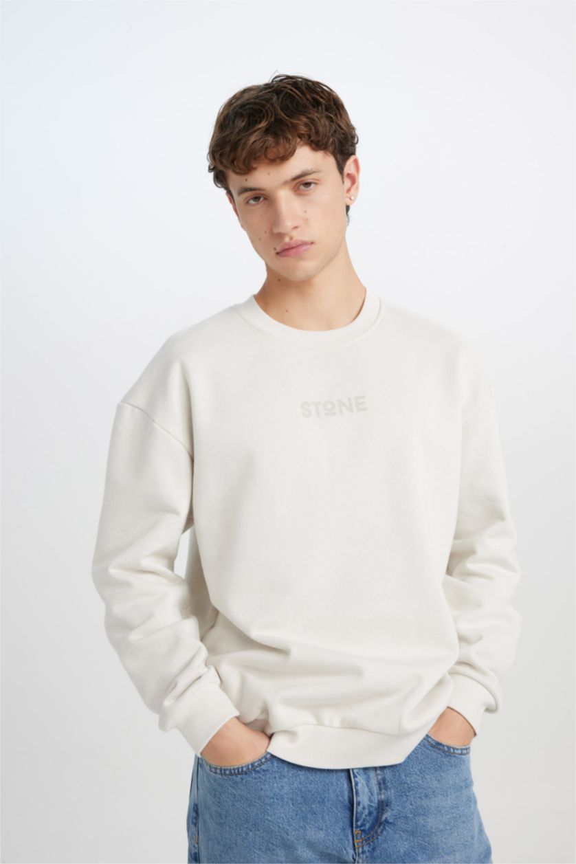 HOMME Beige Sweat- Shirt Longue Coupe Boxy Col Rond À Manches