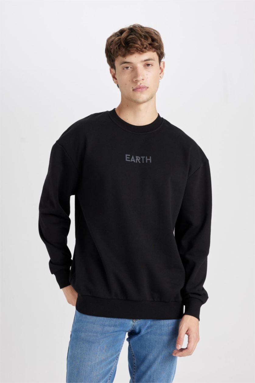 HOMME Noir Sweat- Shirt Longue Coupe Boxy Col Rond À Manches
