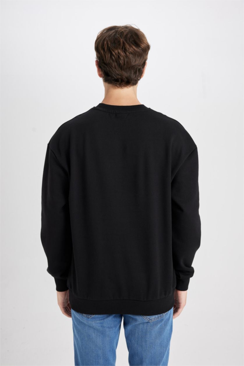 HOMME Noir Sweat- Shirt Longue Coupe Boxy Col Rond À Manches