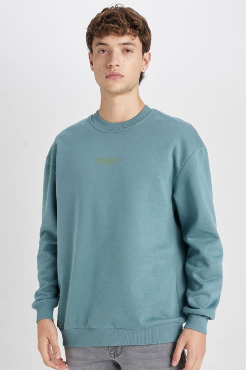 HOMME Bleu Sweat- Shirt Coupe boxy Col rond Manche Longue