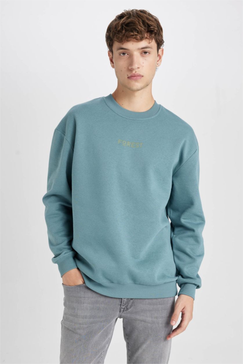 HOMME Bleu Sweat- Shirt Coupe boxy Col rond Manche Longue